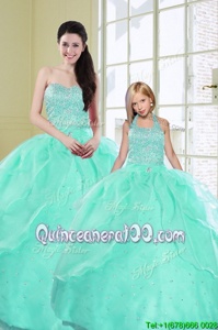 Luxury Organza Sweetheart Sleeveless Lace Up Beading and Sequins Quince Ball Gowns inTurquoise