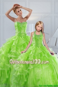 Excellent Spring Green Ball Gowns Organza Sweetheart Sleeveless Beading and Ruffled Layers Floor Length Lace Up Sweet 16 Dresses
