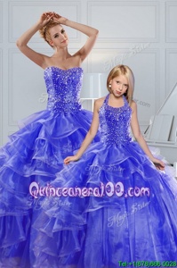 Floor Length Blue Sweet 16 Dress Organza Sleeveless Spring and Summer and Fall and Winter Beading and Ruffled Layers