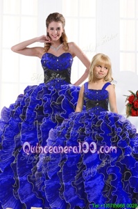 Discount Royal Blue Organza Lace Up Sweetheart Sleeveless Floor Length Sweet 16 Dress Beading and Appliques and Ruffles
