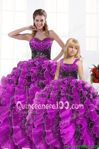 Cute Fuchsia Ball Gowns Organza Sweetheart Sleeveless Beading and Appliques and Ruffles Floor Length Lace Up Ball Gown Prom Dress