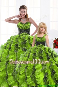 Nice Sleeveless Floor Length Beading and Appliques and Ruffles Lace Up Ball Gown Prom Dress with Olive Green