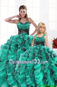 Exquisite Turquoise Vestidos de Quinceanera Military Ball and Sweet 16 and Quinceanera and For withBeading and Appliques and Ruffles Sweetheart Sleeveless Lace Up