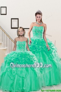 Discount Turquoise Ball Gowns Organza Sweetheart Sleeveless Beading and Pick Ups Floor Length Lace Up Quinceanera Dresses