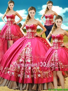 Stylish Four Piece Hot Pink Taffeta Lace Up Sweetheart Sleeveless Floor Length 15 Quinceanera Dress Beading and Embroidery