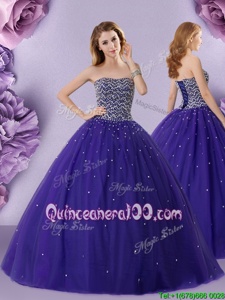Most Popular Purple Strapless Neckline Beading Quince Ball Gowns Sleeveless Lace Up