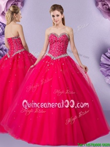 Floor Length Coral Red Sweet 16 Dress Tulle Sleeveless Spring and Summer and Fall and Winter Beading
