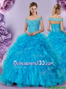 Discount Baby Blue Organza Lace Up Off The Shoulder Sleeveless Floor Length Sweet 16 Dress Beading and Lace and Ruffles