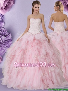 Fancy Beading and Lace and Ruffles Quinceanera Gowns Baby Pink Lace Up Sleeveless Floor Length