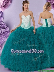 Glamorous Floor Length Ball Gowns Sleeveless Teal Sweet 16 Dress Lace Up