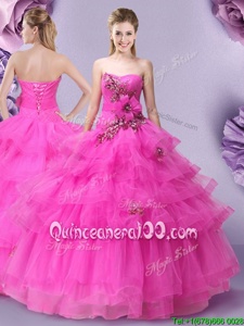 Cute Hot Pink Ball Gowns Tulle Sweetheart Sleeveless Appliques and Ruffled Layers and Hand Made Flower Floor Length Lace Up Ball Gown Prom Dress