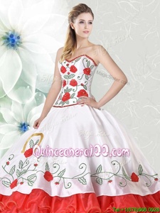 Customized Floor Length Lace Up Quinceanera Gown White and Red and In forMilitary Ball and Sweet 16 and Quinceanera withEmbroidery and Ruffled Layers