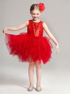 Best Selling Scoop Mini Length Zipper Flower Girl Dresses Red for Party and Quinceanera and Wedding Party with Appliques and Ruffles