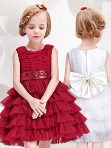 Scoop Sleeveless Tulle Flower Girl Dress Ruffled Layers and Sequins and Bowknot Zipper