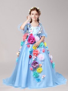 Wonderful Baby Blue V-neck Zipper Hand Made Flower Toddler Flower Girl Dress Brush Train Half Sleeves