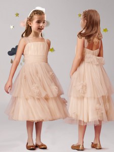 Edgy Straps Appliques and Ruffles and Bowknot Toddler Flower Girl Dress Champagne Zipper Sleeveless Tea Length