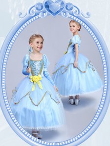Pretty Light Blue Ball Gowns Tulle Scoop Short Sleeves Beading and Sequins and Hand Made Flower Tea Length Side Zipper Flower Girl Dresses for Less