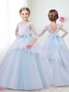 Colorful Scoop Half Sleeves Tulle Flower Girl Dresses Lace and Bowknot Brush Train Lace Up