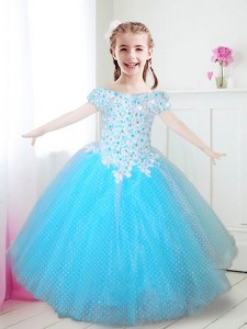 Aqua Blue Flower Girl Dresses for Less Party and Quinceanera and Wedding Party and For with Beading and Appliques Off The Shoulder Cap Sleeves Zipper