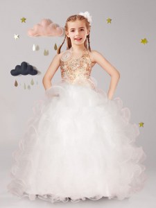Exquisite Halter Top Sleeveless Floor Length Beading and Ruffles and Hand Made Flower Lace Up Flower Girl Dresses for Less with White