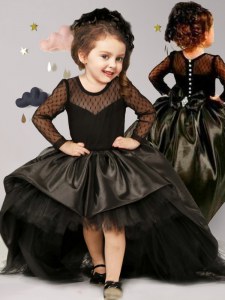 Comfortable Scoop Long Sleeves Taffeta and Tulle Flower Girl Dresses for Less Bowknot Brush Train Clasp Handle