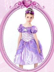 Classical Lavender Short Sleeves Tea Length Beading and Bowknot Clasp Handle Flower Girl Dresses for Less