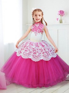 Best Selling Halter Top Hot Pink Zipper Flower Girl Dresses for Less Beading and Lace Sleeveless Floor Length