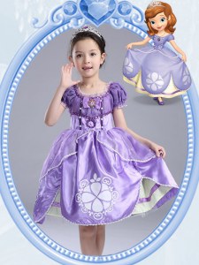 Scoop Short Sleeves Knee Length Side Zipper Toddler Flower Girl Dress Lavender for Party and Quinceanera and Wedding Party with Beading and Pattern and Bowknot