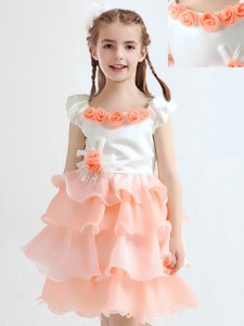 Peach Organza Zipper Scoop Cap Sleeves Knee Length Flower Girl Dress Ruffled Layers and Hand Made Flower