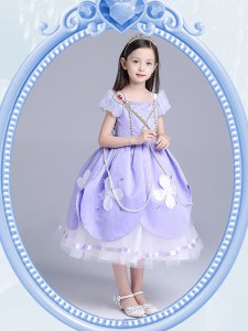 Hot Selling Square Short Sleeves Toddler Flower Girl Dress Tea Length Beading and Appliques Lavender Taffeta and Tulle