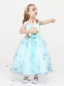 Customized Straps Light Blue Sleeveless Ankle Length Appliques and Bowknot and Hand Made Flower Zipper Flower Girl Dresses for Less