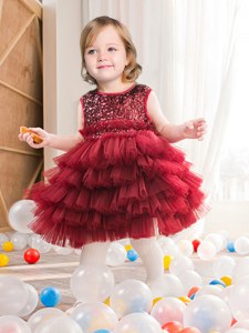 Wine Red Scoop Zipper Ruffled Layers and Sequins Flower Girl Dresses Sleeveless