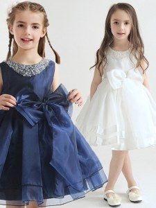 White and Navy Blue Organza Zipper Scoop Sleeveless Knee Length Toddler Flower Girl Dress Beading and Bowknot