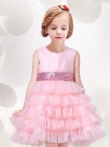 Stylish Scoop Sleeveless Tulle Mini Length Zipper Toddler Flower Girl Dress in Baby Pink with Ruffled Layers and Sequins and Bowknot
