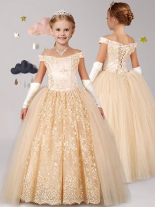 Off the Shoulder Lace Flower Girl Dress Champagne Lace Up Cap Sleeves Floor Length