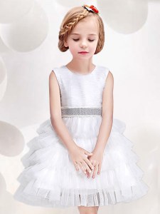 Best Scoop Mini Length White Flower Girl Dress Tulle Sleeveless Ruffled Layers and Sequins and Bowknot
