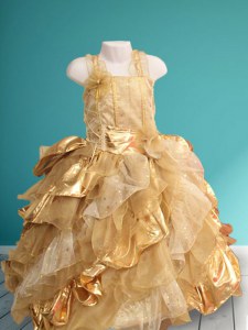 Straps Gold Sleeveless Floor Length Ruffles and Sequins and Hand Made Flower Lace Up Flower Girl Dress