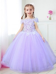 Lavender Ball Gowns Tulle Off The Shoulder Cap Sleeves Beading and Appliques Floor Length Zipper Toddler Flower Girl Dress