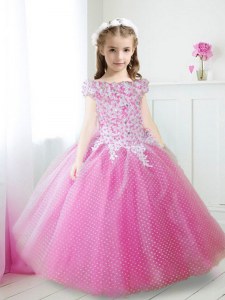 Off the Shoulder Tulle Cap Sleeves Floor Length Flower Girl Dresses for Less and Beading and Appliques
