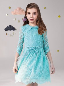 Fabulous Aqua Blue Flower Girl Dress Party and Quinceanera and Wedding Party and For with Lace and Sashes ribbons Scoop 3 4 Length Sleeve Zipper