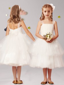 Luxurious White A-line Tulle Straps Sleeveless Appliques and Ruffled Layers and Bowknot Tea Length Zipper Flower Girl Dress
