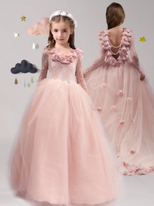 High Quality Backless Scoop Long Sleeves Flower Girl Dress With Brush Train Lace and Appliques and Ruffles Pink Tulle