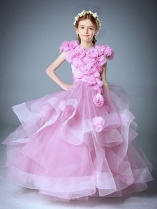 Scoop Baby Pink Sleeveless Hand Made Flower Floor Length Flower Girl Dresses