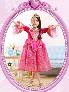 Best Selling Sequined Scoop 3 4 Length Sleeve Zipper Sequins Flower Girl Dresses in Hot Pink