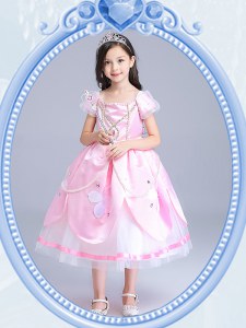 Classical Square Baby Pink Short Sleeves Taffeta and Tulle Zipper Flower Girl Dress for Party and Quinceanera and Wedding Party