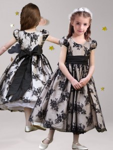 Scoop Black Lace Zipper Flower Girl Dresses Short Sleeves Tea Length Sashes ribbons