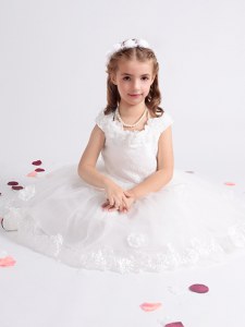 Scoop Cap Sleeves Tea Length Lace and Appliques and Hand Made Flower Zipper Flower Girl Dress with White