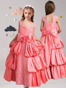 Straps Lace Pick Ups Floor Length A-line Cap Sleeves Watermelon Red Toddler Flower Girl Dress Zipper