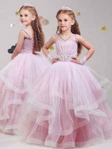 Fashion Straps Baby Pink Lace Up Flower Girl Dresses for Less Beading and Ruffles Sleeveless Floor Length