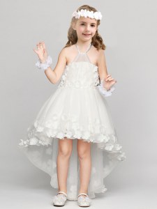Halter Top Organza Sleeveless High Low Flower Girl Dresses for Less and Appliques and Bowknot